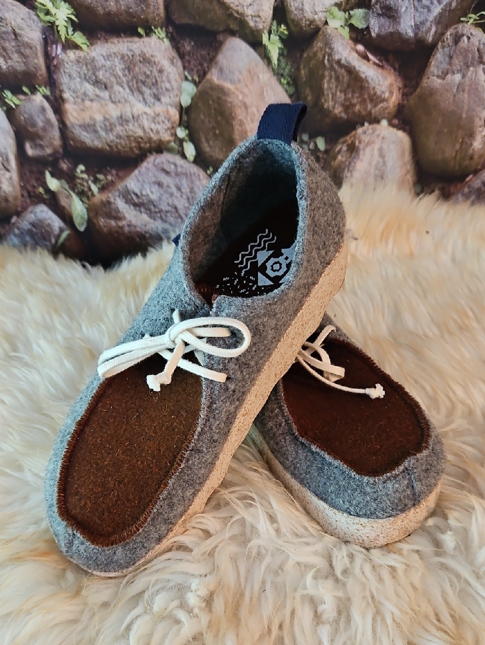 Womens Grey and Brown Wool Blend Slip-On Shoes with White Laces